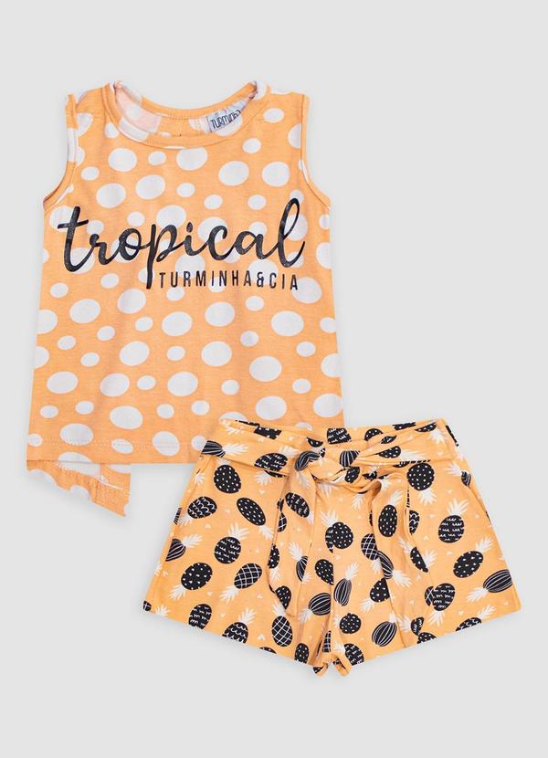 Turminha - Conjunto Cropped e Shorts Saia Tropical Salmão