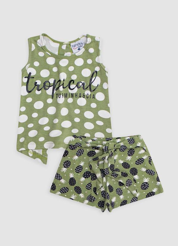 Turminha - Conjunto Cropped e Shorts Saia Tropical Verde