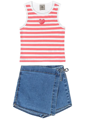 Quimby - Conjunto Cropped Short-Saia Jeans Rosa - QUIMBY