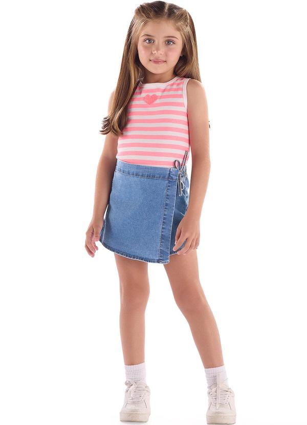 Quimby - Conjunto Cropped Short-Saia Jeans Rosa