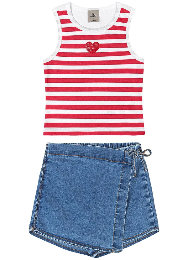 Quimby - Conjunto Cropped Short-Saia Jeans Vermelho 2
