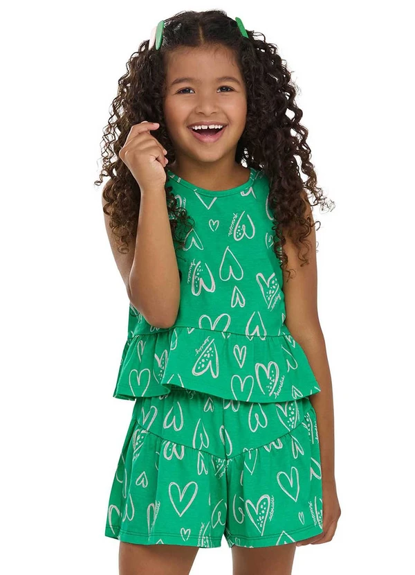 Elian - Conjunto Curto Infantil Menina Corações Verde