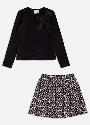 Momi - Conjunto de Jacquard com Laço e Strass Preto - MOMI