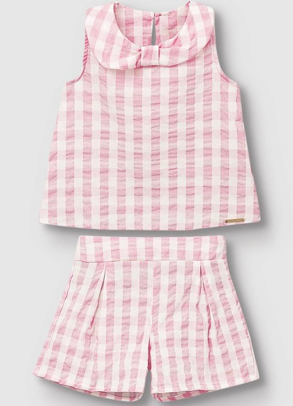 Carinhoso - Conjunto em Anarruga Quadriculado Rosa Claro