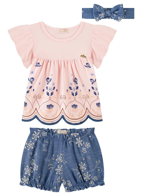 Milli e Nina - Conjunto Estampado Blusa e Shorts Bebê Rosa