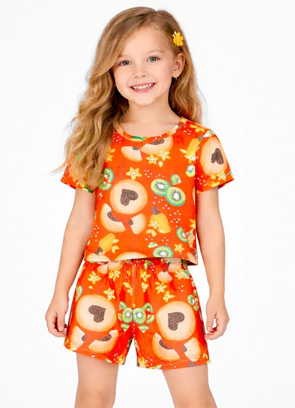 Select - Conjunto Feminino Infantil Blusa e Short Laranja