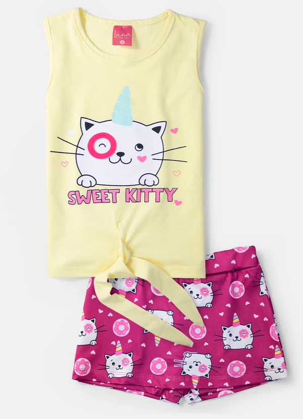 Laluna - Conjunto Feminino Sweet Kitty Amarelo