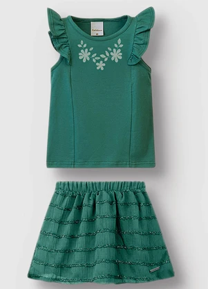 Carinhoso - Conjunto Floral com Aplique Menina Verde  - CARINHOSO
