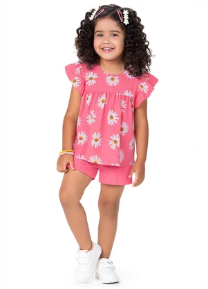Outlet - Conjunto Floral com Babados Ombros Menina Rosa  - OUTLET