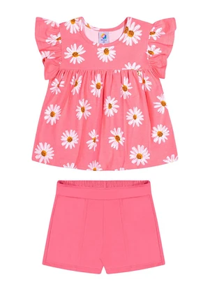 Outlet - Conjunto Floral com Babados Ombros Menina Rosa  - OUTLET