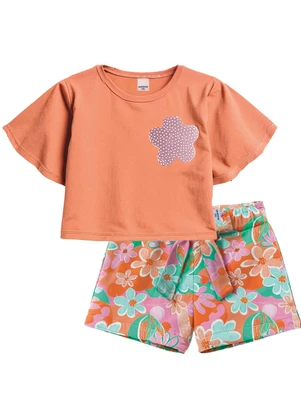Malwee Kids - Conjunto Floral com Bordado Laranja Pastel - MALWEE KIDS