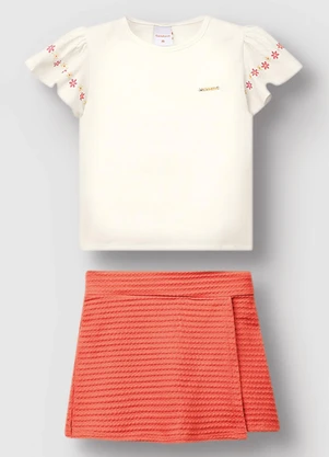 Carinhoso - Conjunto Floral em Malha Texturizada Off White - CARINHOSO