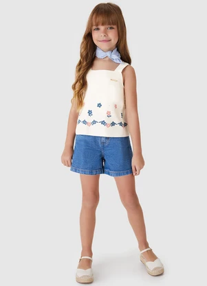 Carinhoso - Conjunto Floral & Jeans Menina Off White - CARINHOSO