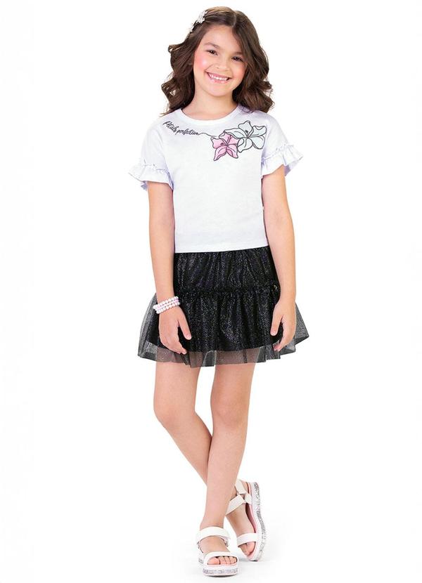 Alenice - Conjunto Floral Tule Menina Branco