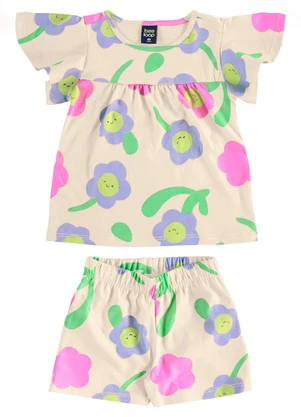 Bee Loop - Conjunto Florezinhas Blusa Short Bege - BEE LOOP