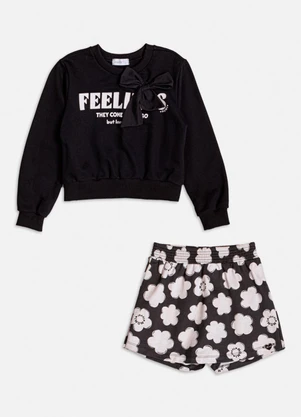 Momi - Conjunto Florido com Aplique de Laço Preto - MOMI