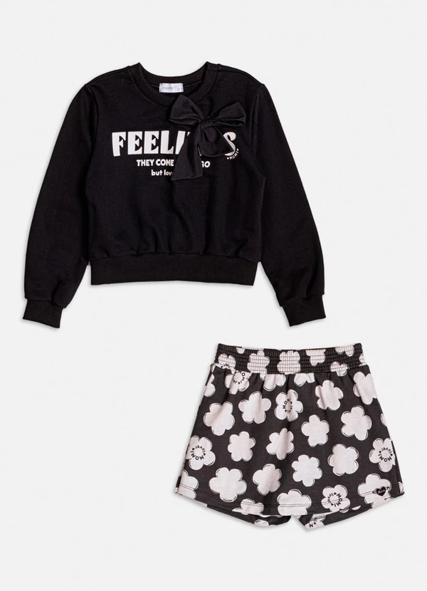 Momi - Conjunto Florido com Aplique de Laço Preto