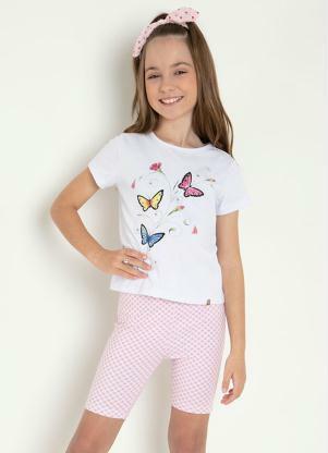 Conjunto Infantil Blusa Branca e Bermuda Xadrez