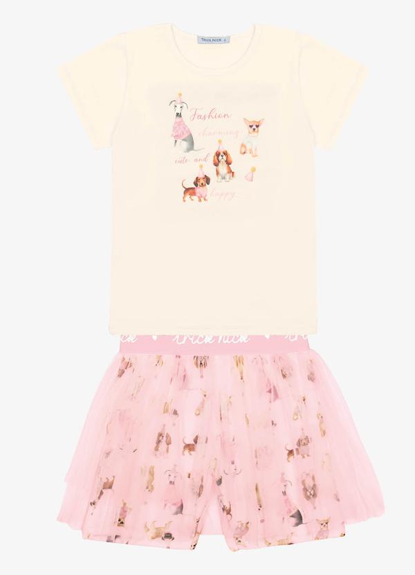 Trick Nick - Conjunto Infantil Blusa com Shorts Saia Bege