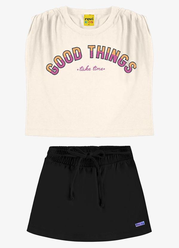 Rovi Kids - Conjunto Infantil Blusa com Shorts Saia Bege