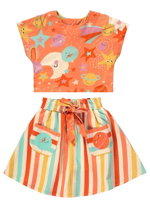 Três e Já - Conjunto Infantil Blusa e Saia Laranja 3