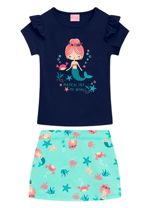 Duduka - Conjunto Infantil Blusa e Short Saia Azul - DUDUKA