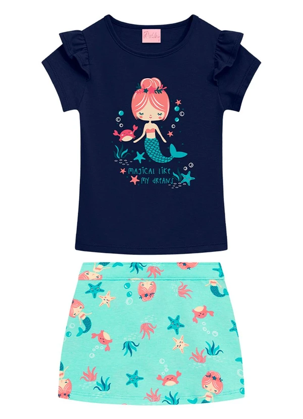Duduka - Conjunto Infantil Blusa e Short Saia Azul