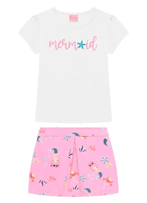 Duduka - Conjunto Infantil Blusa e Short Saia Branco - DUDUKA