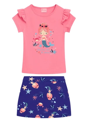 Duduka - Conjunto Infantil Blusa e Short Saia Rosa - DUDUKA