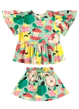 Três e Já - Conjunto Infantil Blusa e Short Verde - TRÊS E JÁ