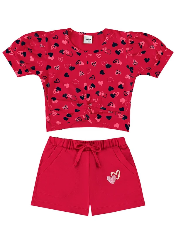 Rovi Kids - Conjunto Infantil Blusa e Shorts Coração Vermelho