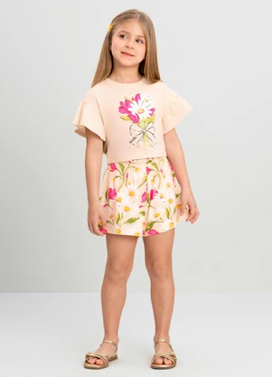 Conjunto Infantil Blusa Floral e Short Quimby Bege - QUIMBY