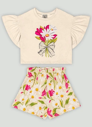 Conjunto Infantil Blusa Floral e Short Quimby Bege - QUIMBY