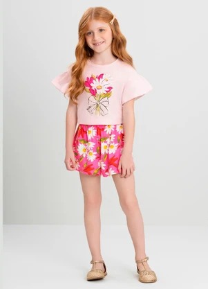 Conjunto Infantil Blusa Floral e Short Quimby Rosa - QUIMBY