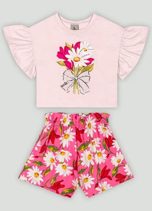 Conjunto Infantil Blusa Floral e Short Quimby Rosa - QUIMBY