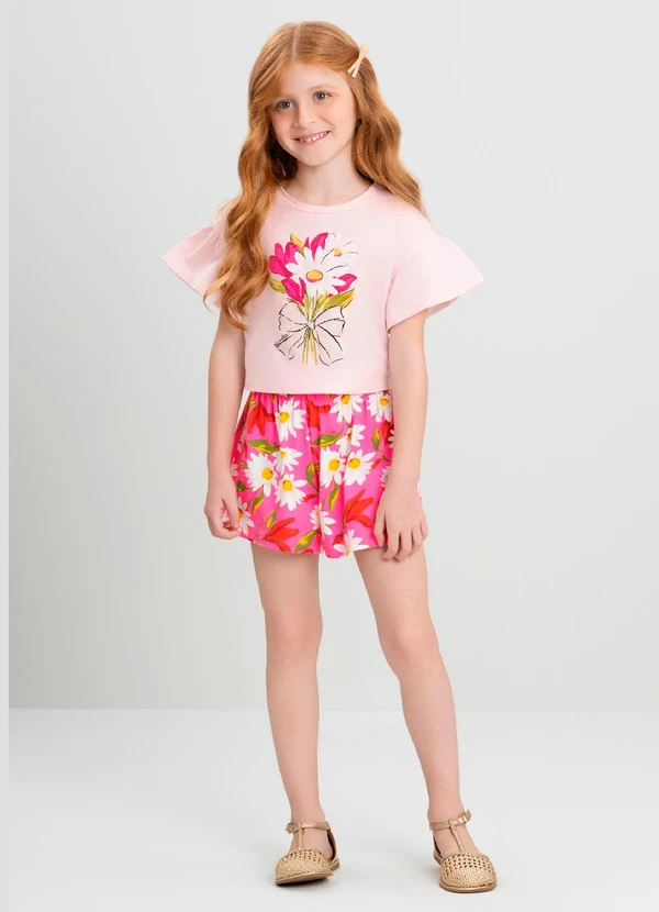 Quimby - Conjunto Infantil Blusa Floral e Short Quimby Rosa