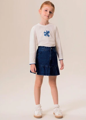 Bugbee - Conjunto Infantil Blusa Saia Jeans Branco - BUGBEE