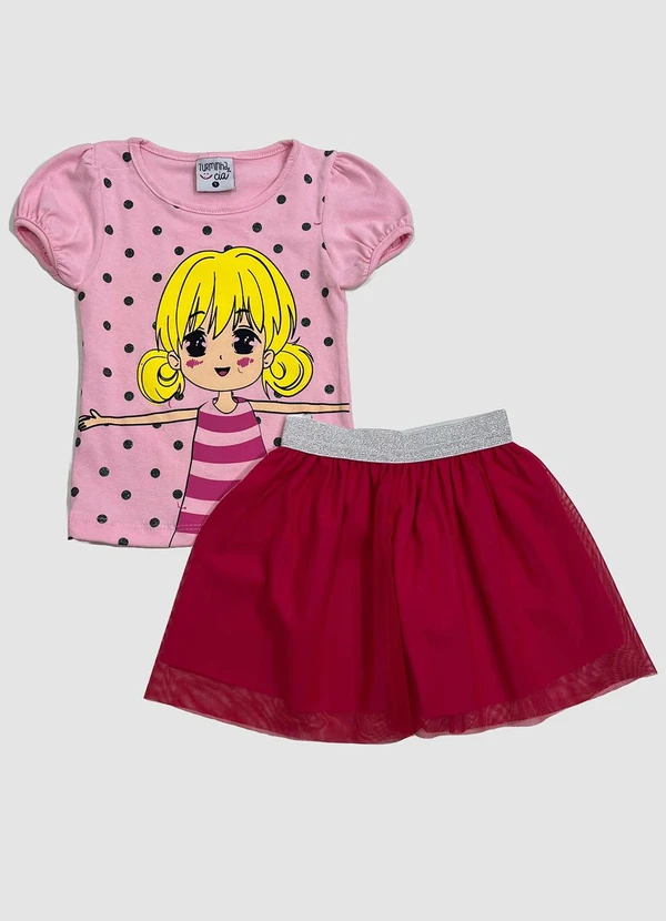 Turminha - Conjunto Infantil Blusa, Saia Tule Rosa