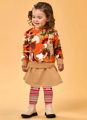 Elian - Conjunto Infantil Blusão Floral e Saia Laranja - ELIAN