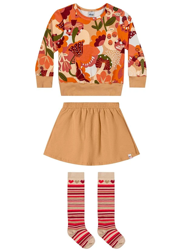 Elian - Conjunto Infantil Blusão Floral e Saia Laranja 2