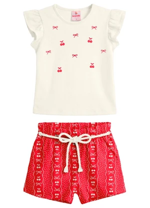 Brandili - Conjunto Infantil Bordado Laços Cerejas Bege - BRANDILI