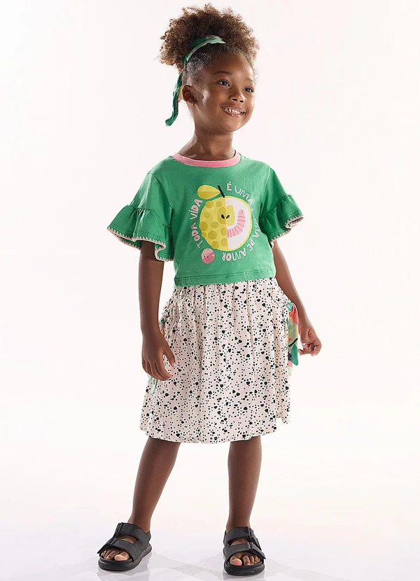 Três e Já - Conjunto Infantil com Blusa e Saia Verde