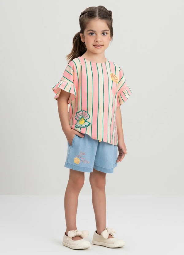 Três e Já - Conjunto Infantil com Blusa e Short Três e Já Rosa