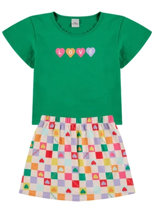 Vida Costeira - Conjunto Infantil Cropped Manga Evasê Love Verde - VIDA COSTEIRA
