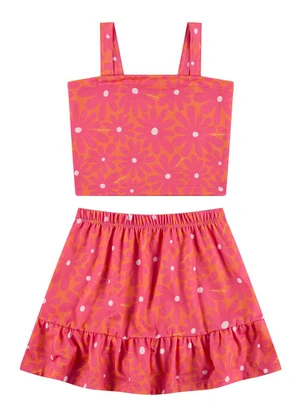 Vida Costeira - Conjunto Infantil Cropped Saia Florido Laranja - VIDA COSTEIRA