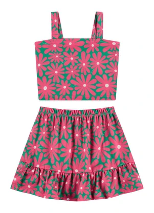 Vida Costeira - Conjunto Infantil Cropped Saia Florido Verde - VIDA COSTEIRA