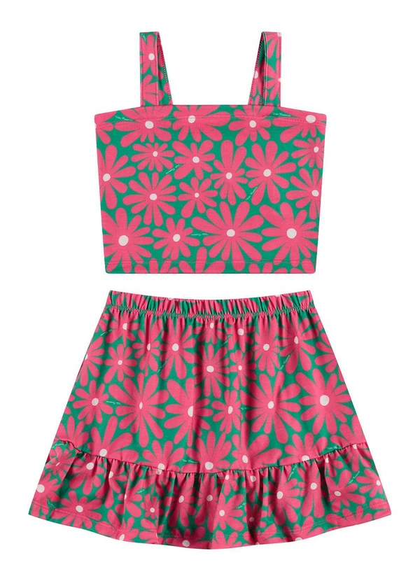 Vida Costeira - Conjunto Infantil Cropped Saia Florido Verde 2