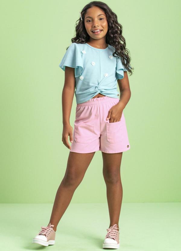 Milli e Nina - Conjunto Infantil Menina Blusa Nó e Shorts Verde
