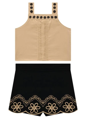 Milon - Conjunto Infantil Menina Bordado Bege - MILON