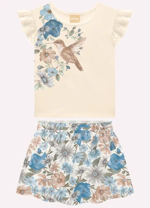 Milon - Conjunto Infantil Menina Bordado Bege - MILON